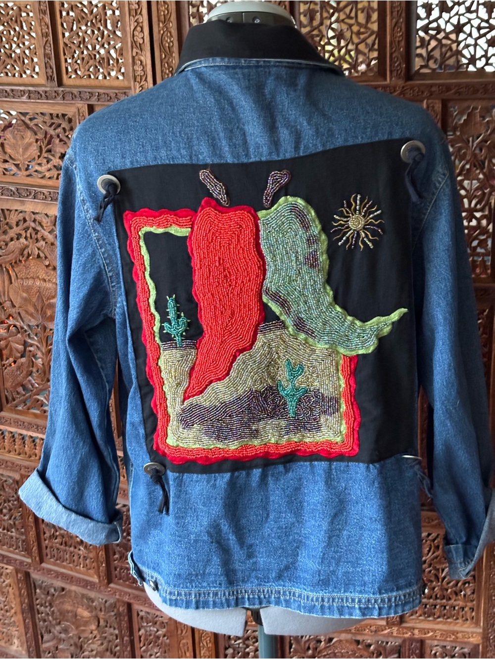 Classic Blue Denim Jacket with beaded desert scene on back